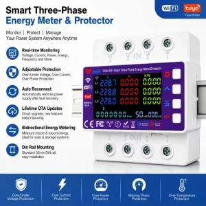 100A WiFi Smart Three Phase Energy Meter with Adjustable Protection DIN Rail Power Monitoring Meter Tuya APP