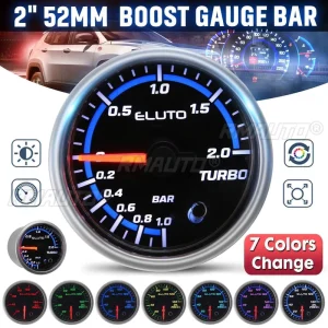 12V 2″ 52mm Car Turbo Boost Pressure Gauge Meter BAR 7 Colors LED Diaplay Aluminum Car Gauge Turbo Gauge