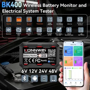 12V Battery Tester Car Battery Monitor for Battery Health Cranking Charging Test Konnwei BK400