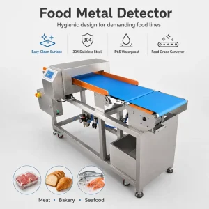 304 Stainless Steel Food Metal Detector IP65 Waterproof with Conveyor Belt and Easy Clean Surface for Meat Bakery Seafood