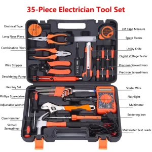 35 Piece Professional Electrician Tool Set with Carbon Steel Hand Powered Multimeter Soldering Iron & Hard Case