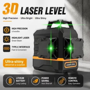 3D Laser Level 12 Lines Self Leveling Green Beam 3×360° Cross Line Level with Remote Control 2600mAh Rechargeable Battery