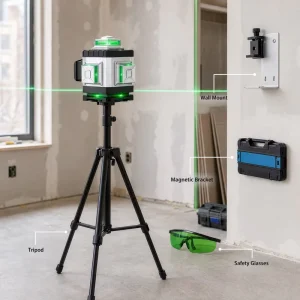 4D Self Leveling 16 Line Green Beam Laser Level Battery Powered LED for Construction and Home Renovation