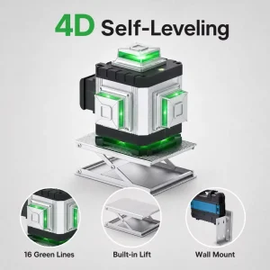 4D Self Leveling 16 Line Green Laser Level Battery Powered LED Measuring Tool for DIY Construction and Home Renovation