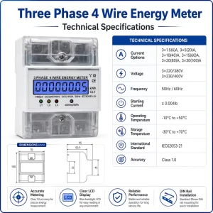 4P LCD 230V Rail-mounted Electricity AC Active Three Phase 4 Wire Energy Meters with Transparent Cover & Backlight