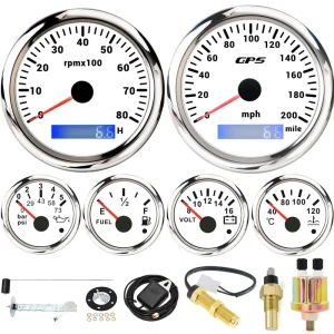 6 Gauge Set 85mm GPS Speedometer 0-200MPH with Tachometer 0-8000RPM with Sensors