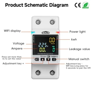 63A 110V 230V WIFI Smart MCB Smart Life Kwh Metering Circuit Breaker Timer with Voltage Current and Leakage protection