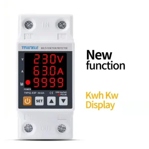 63A 230V 3IN1 Digital Display Din Rail Adjustable Voltage Surge Protector Relay AC Current Protection 1.5kWh Capacity Single