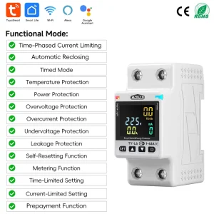 63A Auto Recloser Time Current Setting OV/UV Leakage Protection Temp Protect Wifi Smart Prepaid Circuit Breaker with kWh Meter