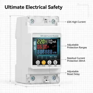 63A TUYA WiFi Smart Earth Leakage LCD Over Under Voltage Protector Metering KWH Smart Life APP Remote Control Switch Device
