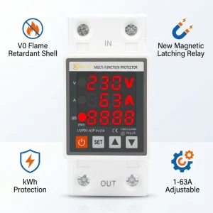 63A Triple Display Over Under Voltage Protector Din Rail Adjustable Current Protection kWh Power Watt Meter Single Phase