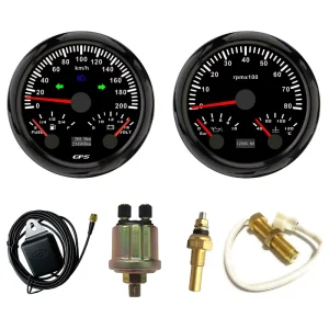 85mm 2 Gauge Set Piston GPS Speedometer 200KM/H Odometer Tachometer 8000RPM Fuel/Water Temp. 40-120 Oil Pressure