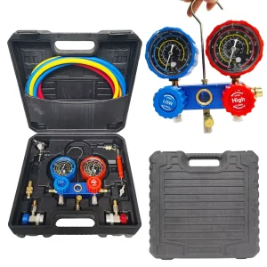 AC Manifold Dual Gauge with Low/High Pressure Connectors 1.5m Charging Hoses Color-coded Hoses Clear Scale Accurate