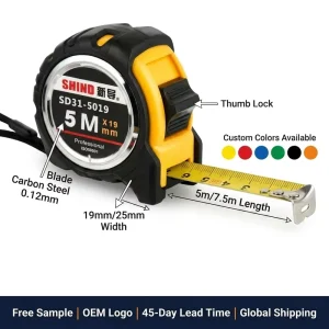 Anti Snap 0.12mm Thick Carbon Steel Blade 19mm Wide Standout Heavy Duty Retractable Tape Measure for Professional Builder