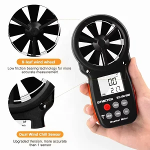 BT 100 WM Portable Hot Wire Anemometer Handheld Wind Speed 0.3 30m/s Wind Chill Humidity Tester Back Light Black