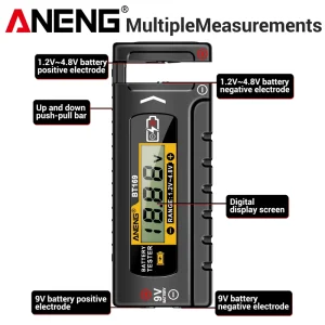 BT169 Digital Battery Tester Push Pull 1.2V-4.8V Detector with 9V Port Compatible with 18650 21700 AA AAA Batteries