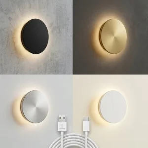 Brushed Metal Round Design Modern Cordless Wall Sconce Minimalist Battery Operated Touch Wire Free LED Rechargeable Wall Light