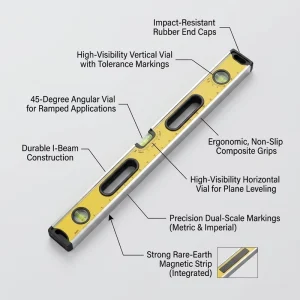 Craftsman Industrial Aluminum Alloy Magnetic Spirit Level Ruler with +/-10MM Accuracy for Construction Use