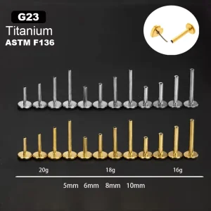 Custom 20g 18g 16g Implant Grade PVD Gold Plated Threadless Push in Labret Replacement 5/6/8/10mm Titanium Flat Back Post