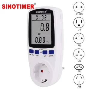 DDS108 Multi-Country Power Meter Socket 6 Plug Types Energy Monitor 16A 230V Large LCD No Backlight