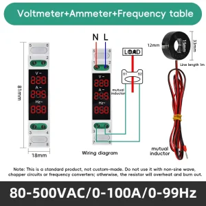 DIN Rail AC Voltmeter Ammeter Frequency Meter 3 in 1 Digital Display 80-500V 0-100A 0-99Hz With Split Current Transformer CT