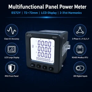EastSong ES72Y Compact Industrial Panel Power Meter 72x72mm Three Phase RS485 Modbus RTU Class 0.5 IP65 Easy Install