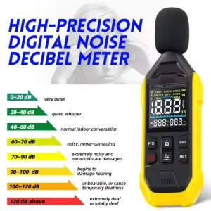 FDM01 Digital Decibel Meter Handheld Sound Level Tester 30-130dB Noise Detector with Temp Humidity Measurement Alarm