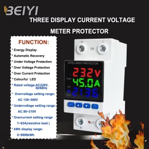 Fireproof Single Pole 63A 220V Adjustable Over Under Voltage and Current Protector Kwh Energy Meter