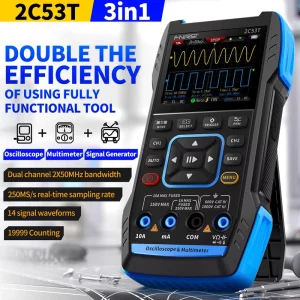 Handheld Oscilloscope Multimeter 3 in 1 FNIRSI 2C53T Portable Dual Channel 50MHz Bandwidth 250MS/s Sampling Signal Generator