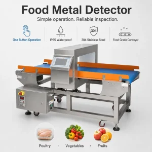 IP65 Waterproof 304 SS Food Metal Detector for Poultry Vegetables Fruits with Conveyor Belt and One Button Operation