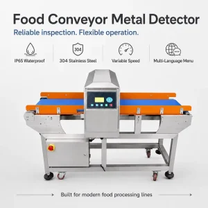 IP65 Waterproof Stainless Steel 304 Metal Detector for Food Conveyor Line with Variable Speed and Multi Language Menu
