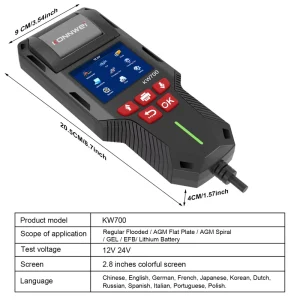 KW700 Universal Testing Machine 5-220AH 10-2000CCA for Car Truck Motorcycle 190cm Length