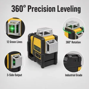 MARS DW089LG Industrial Grade 360 Degree Rotary Laser Level 12 Lines Green Light 3-Sided Lithium Battery Powered for Outdoor Use