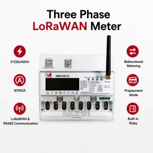 MID Three Phase Lorawan Energy Meter with 100A 230V EM514012 Net Metering Prepaid so Output Multiple Warning Modes
