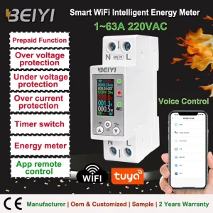 Oem Single Phase WiFi Smart MCB Energy Meter kWh Monitoring LCD TFT LCD Display Voltage Protector with Timer Relay Tuya