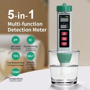 Portable 5 in 1 Digital Tester 5 Parameters TDS EC PH Salinity Temperature Tester Pen for Drinking Water Farmland Irrigation