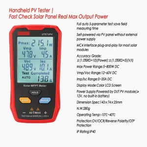 Portable Solar Power Panel Tester Auto Test Max Power Voltage Current Open Short Circuit IP40 Color LCD 1.0% Accuracy PV