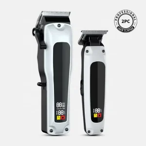 Professional Men’s White Electric Beard Trimmer Rechargeable Power Digital 2 Piece Full Hair Cutting Machine Kit