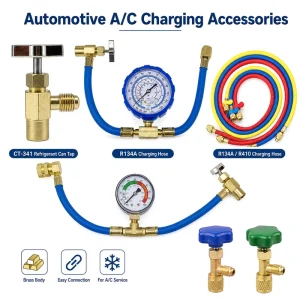 R134A Acid A/C Charging Hose with Pressure Gauge Brass Quick Connector Flange Port for Auto Service