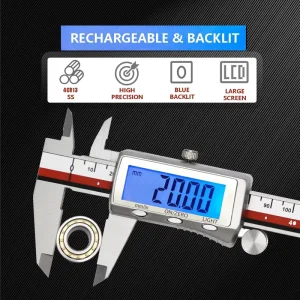 Rechargeable Stainless Steel Digital Caliper Backlit LCD Fraction Readout Auto-Off Precision Measuring Tool Micrometer +/-0.02mm