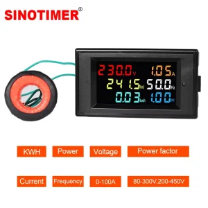 SINOTIMER MultiFunction Energy Meter SPM003 LED Display V/A/KWH/HZ/Power/Power Factor Monitoring AC80 – 450V 100A External CT