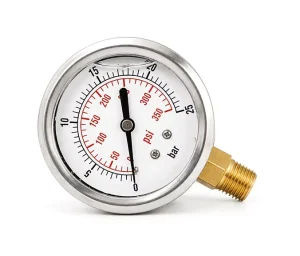 Stainless Steel Shock Resistant Pressure Gauge 0 25bar Dual Scale Psi Radial Brass Connector