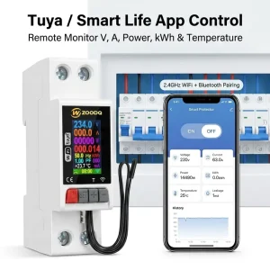 TUYA WiFi Smart Multi Function Overvoltage Protector 63A 1P+N Leakage Protection Temperature Monitoring Energy Meter LCD Display