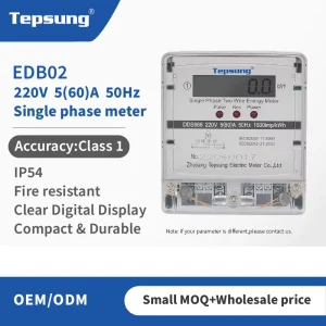 Tepsung EDB02 Single Phase Two Wire Digital Electric Energy Meter with LCD Watt Hour Display Class 1.0 Accuracy Commercial Use