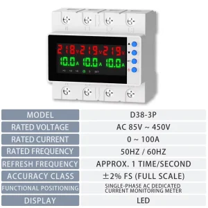 Three Phase Guide Rail Type Multifunctional Digital LCD Display Electric Meter with 2% FS Accuracy and 0 100A Rated Current