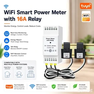 Tuya WiFi Energy Monitor with 16A Relay Load Control Smart Power Meter with CT Clamps for Home Energy Management Integration