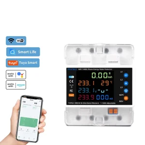 Tuya WiFi Smart 3P 100A Bi-Directional Energy Power Meter Three Phase 100A Relay Switch LCD Voltage Protector Current Limit