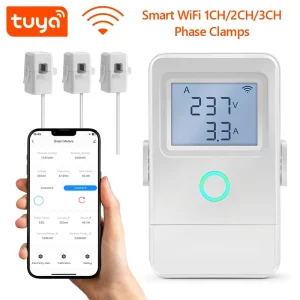 Tuya WiFi Smart Electricity Meter 1 2 3CH 80A Current Clamp Energy Monitor with LCD Overheat Alarm Flame Retardant PST PW03