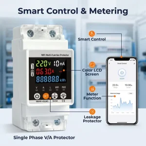 Tuya WiFi Smart Multi Function Protector 220VAC 63A 1P+N Leakage Protection Energy Meter LCD Display Power Monitor & App Control