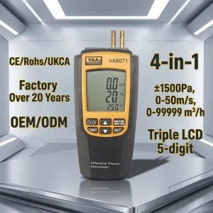 VA8071 Differential Pressure Anemometer 4 in 1 HVAC Air Flow Meter Temperature Wind Speed Manometer Duct Ventilation Testing